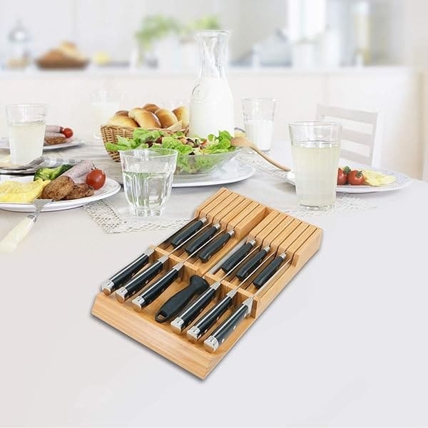 Utoplike - Organizador de cajones para cuchillos de cocina de bambú, con mango grande, sin cuchillos, apto para 12 cuchillos y 1 acero para afilar (no incluido) - Image 8