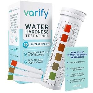 VARIFY Kit de prueba de dureza de agua premium | Tiras de prueba de calidad de agua dura rápida y precisa para suavizante de agua, lavaplatos, piscina de spa, etc. | 0-425 ppm | Dureza total de calcio y magnesio (150 tiras)
