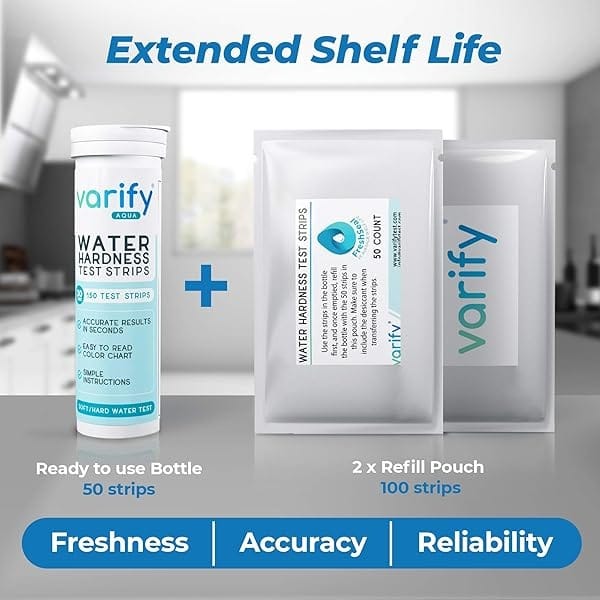 VARIFY Kit de prueba de dureza de agua premium | Tiras de prueba de calidad de agua dura rápida y precisa para suavizante de agua, lavaplatos, piscina de spa, etc. | 0-425 ppm | Dureza total de calcio y magnesio (150 tiras) - Image 6