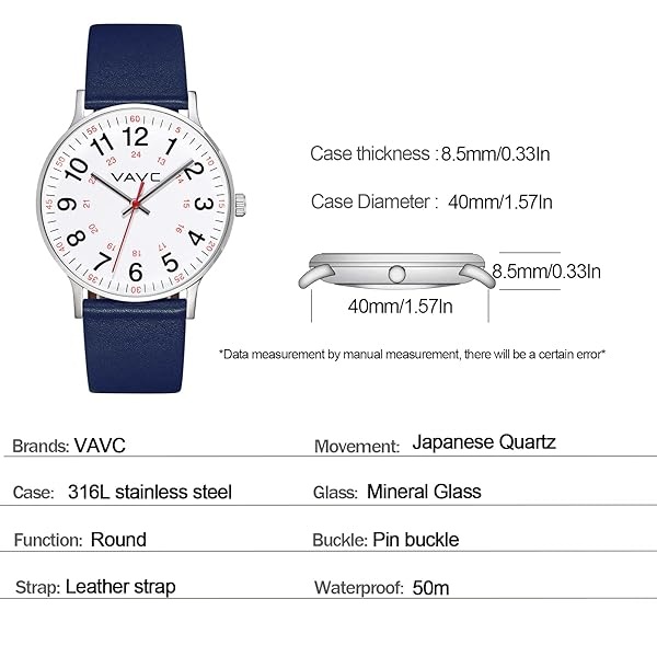 VAVC - Reloj de enfermera para estudiantes de medicina, médicos, mujeres con segunda mano y 24 horas. Reloj fácil de leer, 5 azul-40 mm. - Image 5