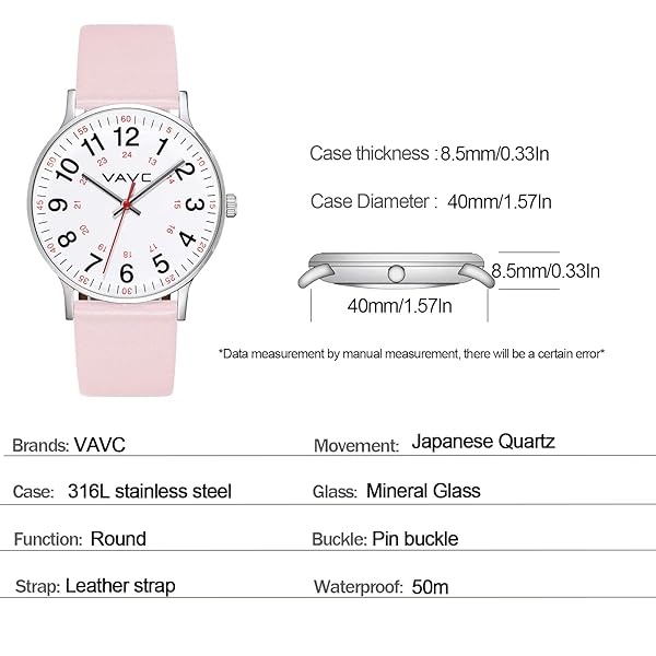 VAVC - Reloj de enfermera para estudiantes de medicina, médicos, mujeres con segunda mano y 24 horas. Reloj fácil de leer, 3 rosa-40 mm. - Image 5