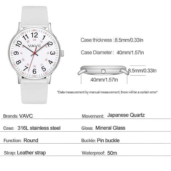 VAVC - Reloj de enfermera para estudiantes de medicina, médicos, mujeres con segunda mano y 24 horas. Reloj fácil de leer, 1 blanco-40 mm. - Image 5