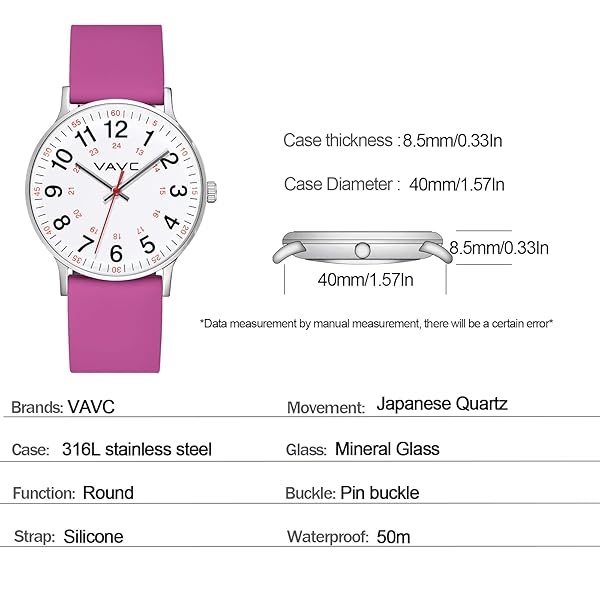 VAVC - Reloj de enfermera para estudiantes de medicina, médicos, mujeres con segunda mano y 24 horas. Reloj fácil de leer, Silicona-Vino Tinto - Image 4