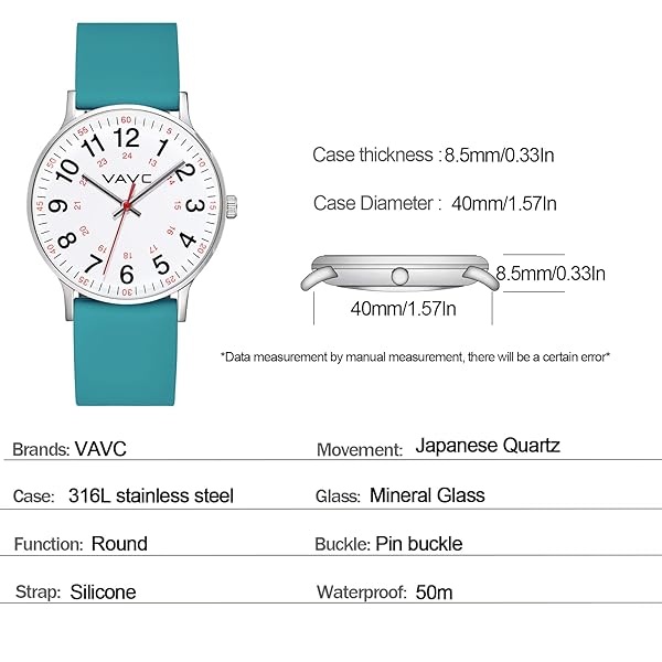 VAVC - Reloj de enfermera para estudiantes de medicina, médicos, mujeres con segunda mano y 24 horas. Reloj fácil de leer, Silicona-Verde - Image 4