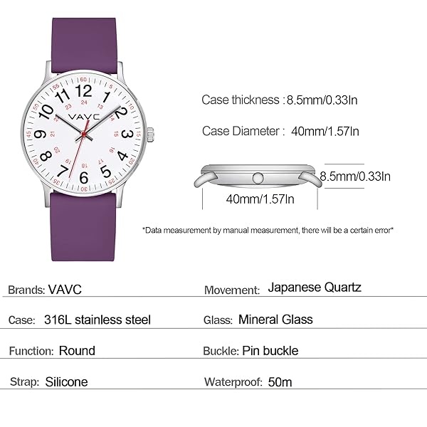 VAVC Reloj de enfermería para estudiantes de medicina, médicos, mujeres con segunda mano y 24 horas. Reloj fácil de leer, Silicona morada. - Image 4