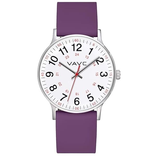 VAVC Reloj de enfermería para estudiantes de medicina, médicos, mujeres con segunda mano y 24 horas. Reloj fácil de leer, Silicona morada.