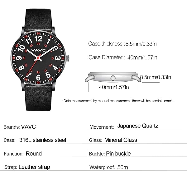 VAVC Reloj de enfermería para estudiantes de medicina, médicos, mujeres con segunda mano y 24 horas. Reloj fácil de leer, Cuero Negro-40mm - Image 4