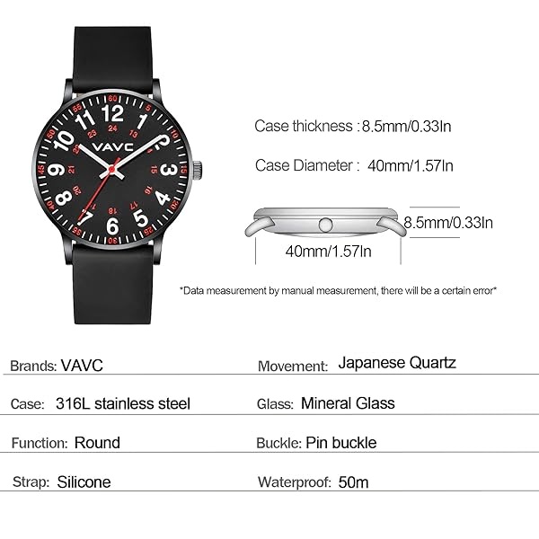 VAVC Reloj de enfermería para estudiantes de medicina, médicos, mujeres con segunda mano y 24 horas. Reloj fácil de leer, Silicona negra-40mm - Image 4