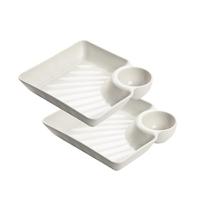 VSUINGO Juego de 2 platos para servir aperitivos divididos en color blanco, bandeja de salsa reutilizable para papas fritas, sushi, magdalenas, aperitivos, platos de condimentos para ketchup, vinagre, soja, té y fiesta