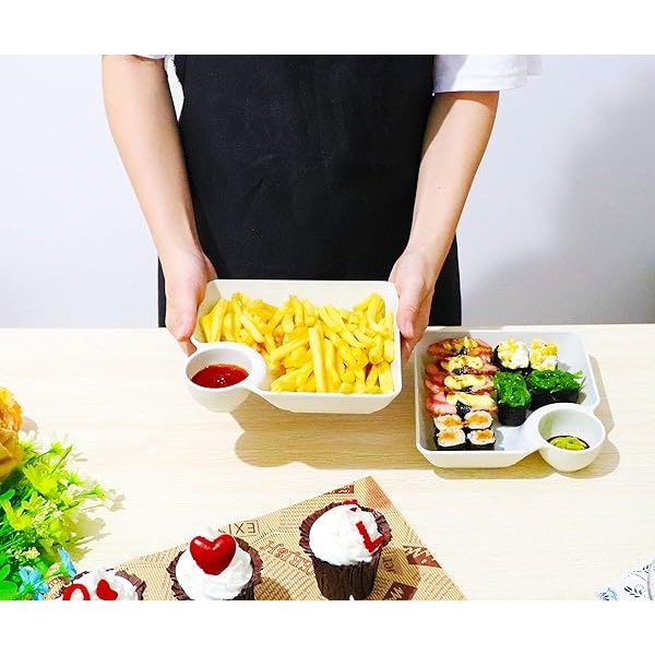 VSUINGO Juego de 2 platos para servir aperitivos divididos en color blanco, bandeja de salsa reutilizable para papas fritas, sushi, magdalenas, aperitivos, platos de condimentos para ketchup, vinagre, soja, té y fiesta - Image 5