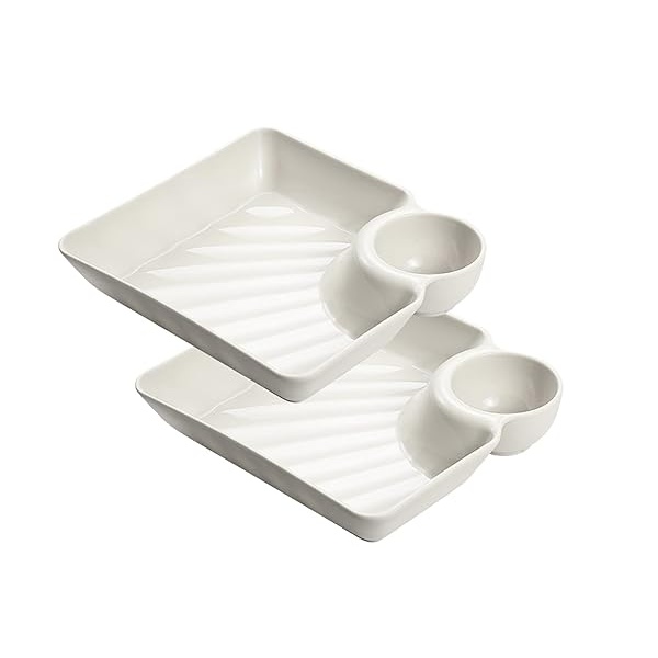 VSUINGO Juego de 2 platos para servir aperitivos divididos en color blanco, bandeja de salsa reutilizable para papas fritas, sushi, magdalenas, aperitivos, platos de condimentos para ketchup, vinagre, soja, té y fiesta