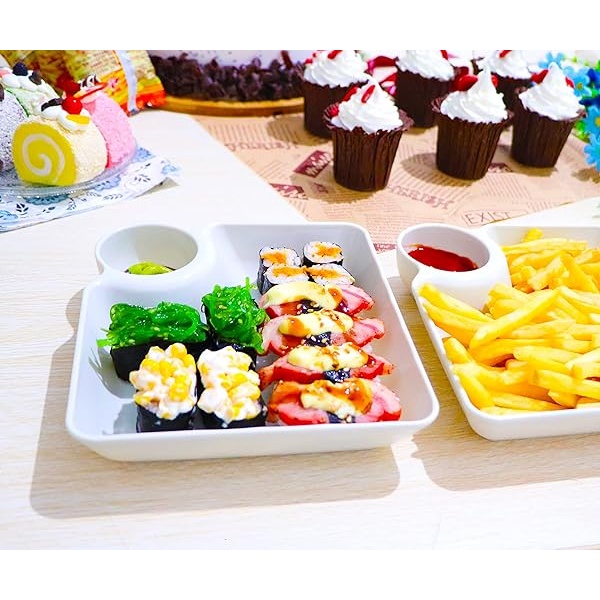 VSUINGO Juego de 2 platos para servir aperitivos divididos en color blanco, bandeja de salsa reutilizable para papas fritas, sushi, magdalenas, aperitivos, platos de condimentos para ketchup, vinagre, soja, té y fiesta - Image 8