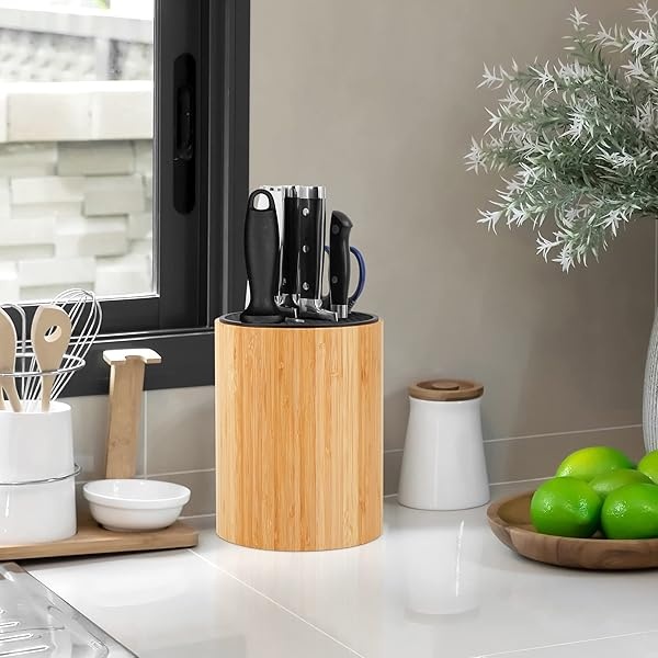 VaeFae Soporte cilíndrico para cuchillos con ranuras para afilador de cuchillos y tijeras, organizador universal de cuchillos, bloque de cuchillos de cocina con diseño único de ranura - Image 7