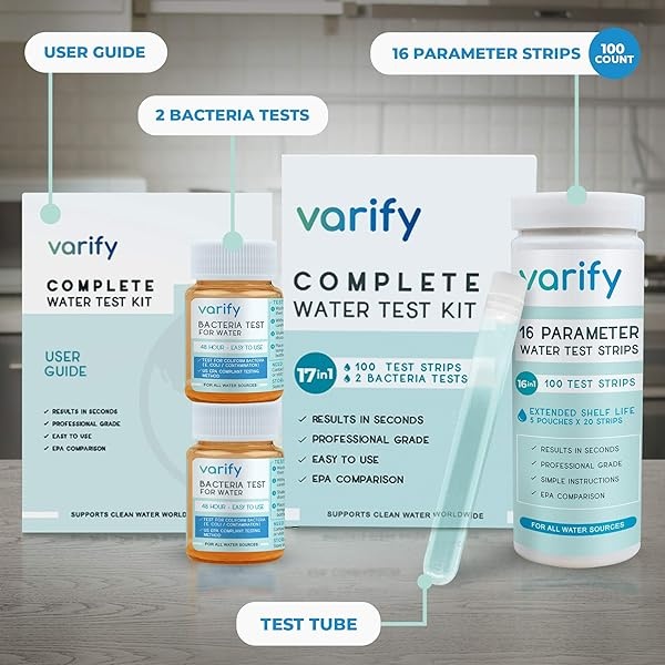 Varify Kit completo de prueba de agua potable 17 en 1 - 100 tiras + 2 kits de prueba de bacterias, bueno, llave, hogar, tira de prueba de agua para plomo, alcalino, cloro, dureza, hierro, fluoruro - Image 3