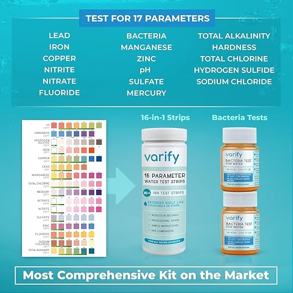 Varify Kit completo de prueba de agua potable 17 en 1 - 100 tiras + 2 kits de prueba de bacterias, bueno, llave, hogar, tira de prueba de agua para plomo, alcalino, cloro, dureza, hierro, fluoruro - Image 4