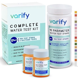 Varify Kit completo de prueba de agua potable 17 en 1 - 100 tiras + 2 kits de prueba de bacterias, bueno, llave, hogar, tira de prueba de agua para plomo, alcalino, cloro, dureza, hierro, fluoruro