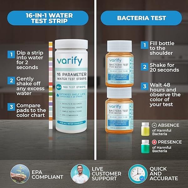 Varify Kit completo de prueba de agua potable 17 en 1 - 100 tiras + 2 kits de prueba de bacterias, bueno, llave, hogar, tira de prueba de agua para plomo, alcalino, cloro, dureza, hierro, fluoruro - Image 5