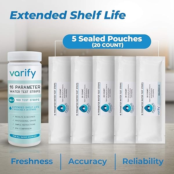 Varify Kit completo de prueba de agua potable 17 en 1 - 100 tiras + 2 kits de prueba de bacterias, bueno, llave, hogar, tira de prueba de agua para plomo, alcalino, cloro, dureza, hierro, fluoruro - Image 6