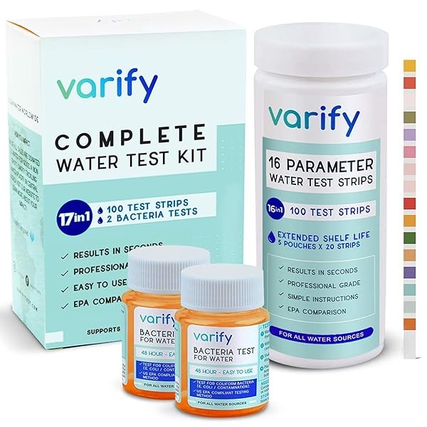 Varify Kit completo de prueba de agua potable 17 en 1 - 100 tiras + 2 kits de prueba de bacterias, bueno, llave, hogar, tira de prueba de agua para plomo, alcalino, cloro, dureza, hierro, fluoruro