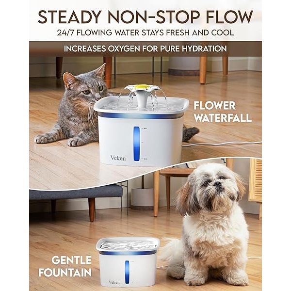 Veken Fuente de agua automática para perros con bomba inteligente, 2 filtros de repuesto para gatos, perros, múltiples mascotas, color blanco - Image 3
