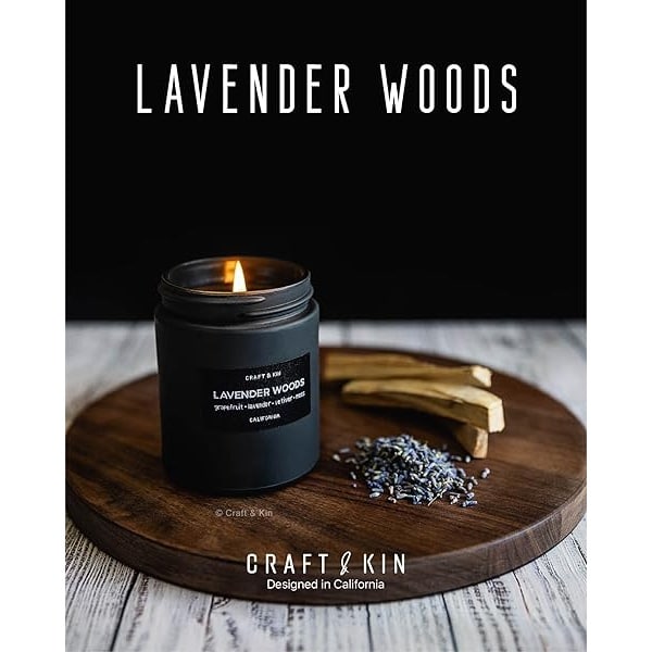 Velas perfumadas para hombre, aroma Lavender & Wood (lavanda y madera), con mecha de madera, primaverales, de larga combustión, velas masculinas para el hogar, en tarro negro - Image 3