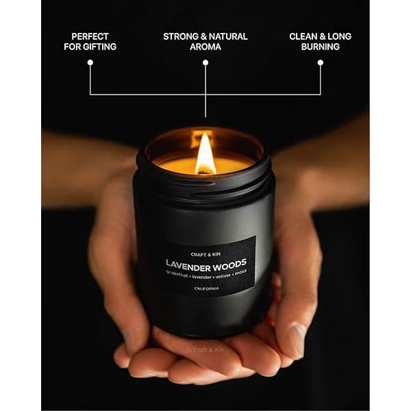 Velas perfumadas para hombre, aroma Lavender & Wood (lavanda y madera), con mecha de madera, primaverales, de larga combustión, velas masculinas para el hogar, en tarro negro - Image 4