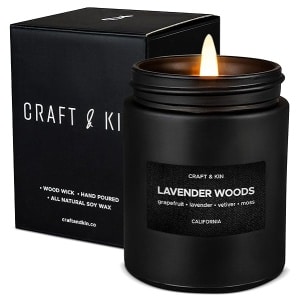 Velas perfumadas para hombre, aroma Lavender & Wood (lavanda y madera), con mecha de madera, primaverales, de larga combustión, velas masculinas para el hogar, en tarro negro