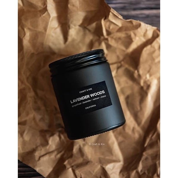 Velas perfumadas para hombre, aroma Lavender & Wood (lavanda y madera), con mecha de madera, primaverales, de larga combustión, velas masculinas para el hogar, en tarro negro - Image 8