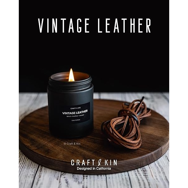 Velas perfumadas para hombre, aroma Vintage Leather (cuero vintage), velas de soja de larga combustión, primaverales, con mecha de madera, para aromaterapia, en tarro negro - Image 3