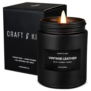 Velas perfumadas para hombre, aroma Vintage Leather (cuero vintage), velas de soja de larga combustión, primaverales, con mecha de madera, para aromaterapia, en tarro negro