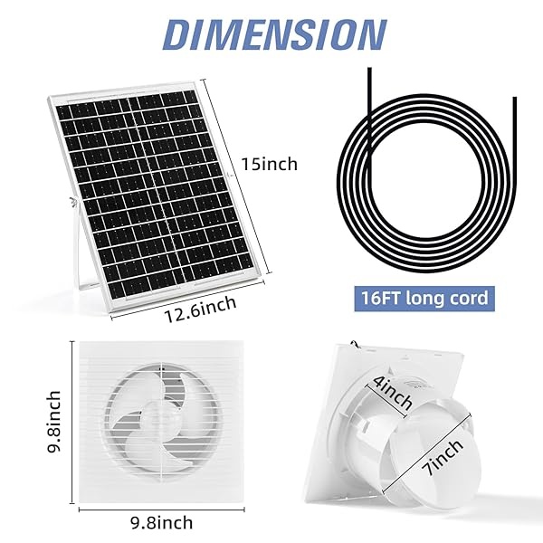 Ventilador de escape con energía solar, panel solar de 20 W + ventilador de ventilación de 8 pulgadas con adaptador de carga de 12 V IP 67 ventilador solar impermeable para exteriores, invernadero, - Image 7