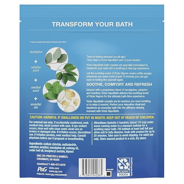 Vicks VapoBath, Bath Salts, Bath Bomb, Non-Medicated Bath Crystals, Comforting Vapors, Vapor Bath, Aromatherapy with Eucalyptus and Menthol Scent, Contains Essential Oils, 36 OZ - Image 8