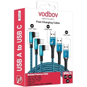 Vodbov - Cable trenzado USB a USB C de 90 grados, ángulo recto, 4 pies, 6 pies, 10 pies, cable de carga rápida multilongitud, Samsung end Galaxy S20 5G, dispositivos Android, color azul