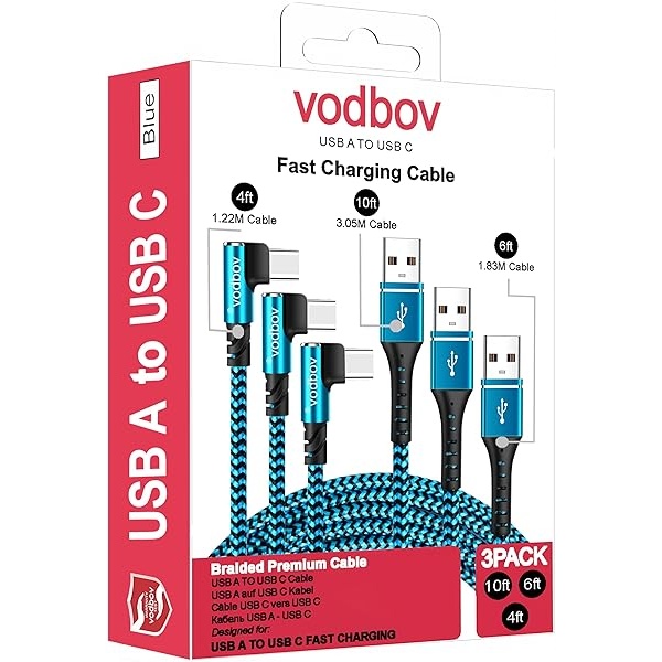 Vodbov - Cable trenzado USB a USB C de 90 grados, ángulo recto, 4 pies, 6 pies, 10 pies, cable de carga rápida multilongitud, Samsung end Galaxy S20 5G, dispositivos Android, color azul