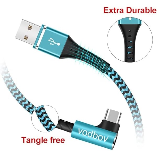 Vodbov - Cable trenzado USB a USB C de 90 grados, ángulo recto, 4 pies, 6 pies, 10 pies, cable de carga rápida multilongitud, Samsung end Galaxy S20 5G, dispositivos Android, color azul - Image 8