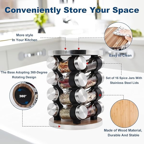 WAYDA Organizador de especias para encimera, organizador giratorio de especias con 16 tarros de condimentos para gabinete, torre de condimentos de almacenamiento de pie para cocina - Image 4