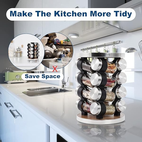 WAYDA Organizador de especias para encimera, organizador giratorio de especias con 16 tarros de condimentos para gabinete, torre de condimentos de almacenamiento de pie para cocina - Image 7