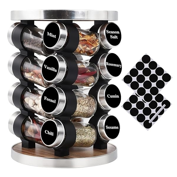 WAYDA Organizador de especias para encimera, organizador giratorio de especias con 16 tarros de condimentos para gabinete, torre de condimentos de almacenamiento de pie para cocina