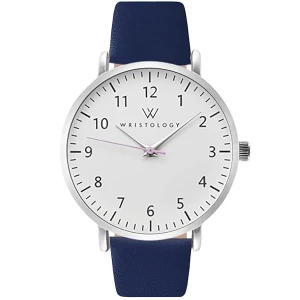 WRISTOLOGY Olivia - Reloj analógico con números de cara grande, fácil de leer, con segunda mano, correa de piel, para enfermeras, profesores, personas mayores, Olivia, Azul marino (navy leather)