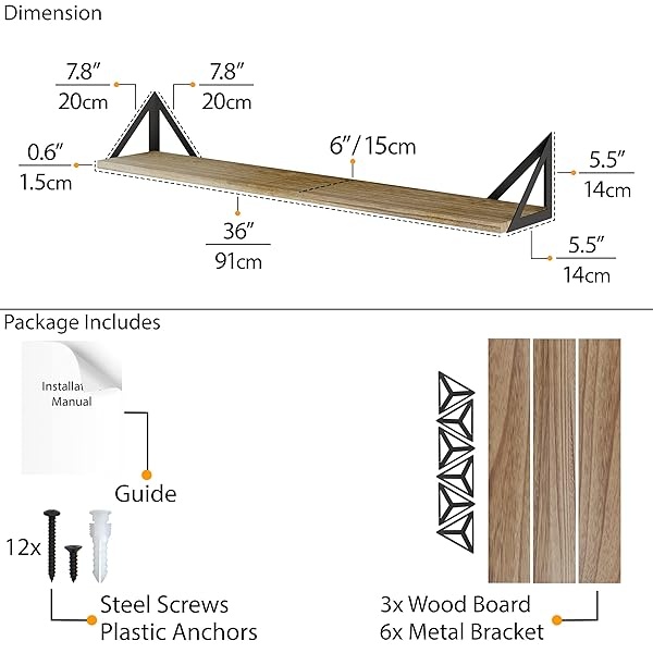 Wallniture Minori - Estantes flotantes grandes de 91 cm para almacenamiento de pared, juego de 3 estantes de almacenamiento de DVD para decoración de sala de estar, quemado oscuro - Image 7