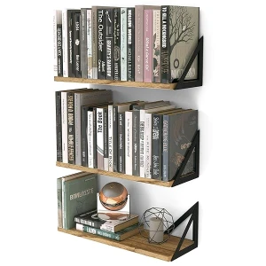 Wallniture Minori - Juego de 3 estantes flotantes para sala de estar, oficina y recámara, decoración de pared de madera rústica quemada natural con soporte flotante de metal, 6D x 17W x 5.5H
