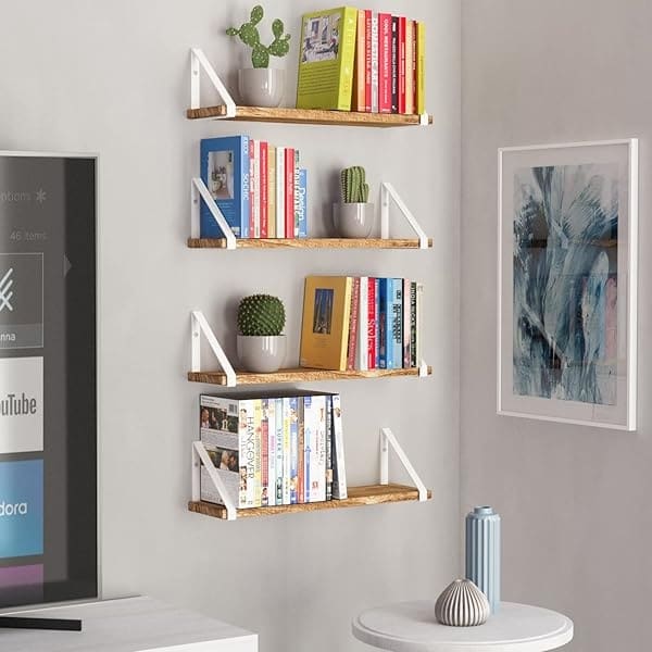 Wallniture Ponza - Estantes flotantes de madera para almacenamiento de pared para decoración de sala de estar, juego de 4 estantes de pared con soportes de estantes blancos, acabado quemado - Image 3