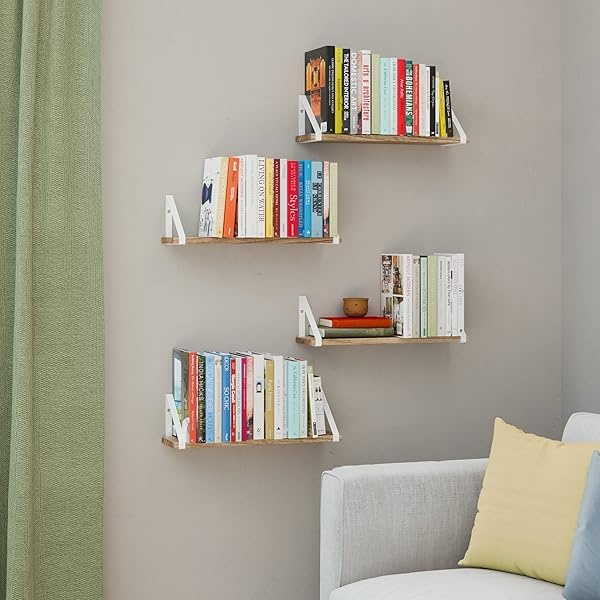 Wallniture Ponza - Estantes flotantes de madera para almacenamiento de pared para decoración de sala de estar, juego de 4 estantes de pared con soportes de estantes blancos, acabado quemado - Image 4