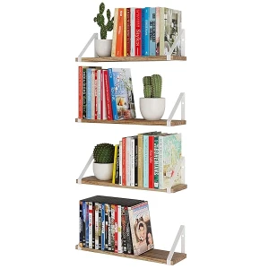 Wallniture Ponza - Estantes flotantes de madera para almacenamiento de pared para decoración de sala de estar, juego de 4 estantes de pared con soportes de estantes blancos, acabado quemado