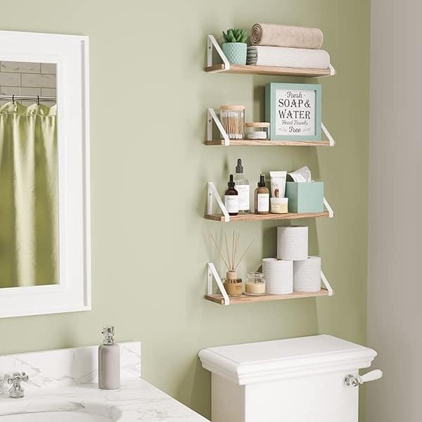 Wallniture Ponza - Estantes flotantes de madera para almacenamiento de pared para decoración de sala de estar, juego de 4 estantes de pared con soportes de estantes blancos, acabado quemado - Image 5