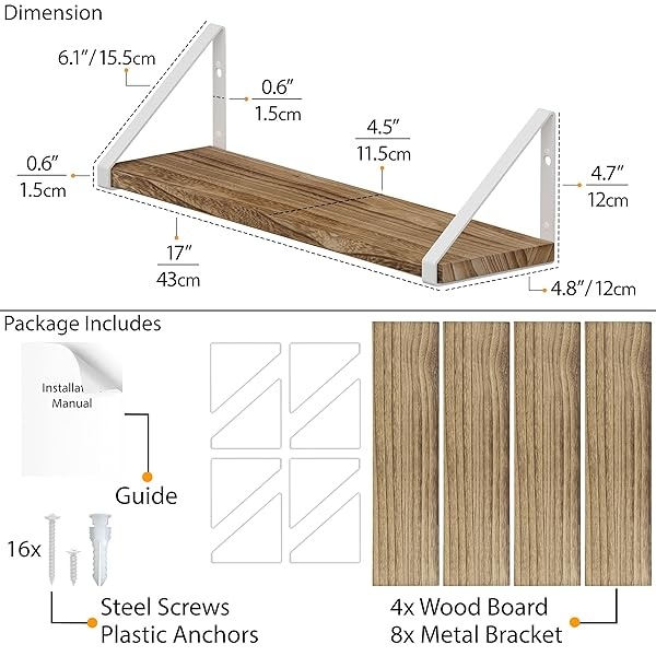 Wallniture Ponza - Estantes flotantes de madera para almacenamiento de pared para decoración de sala de estar, juego de 4 estantes de pared con soportes de estantes blancos, acabado quemado - Image 7