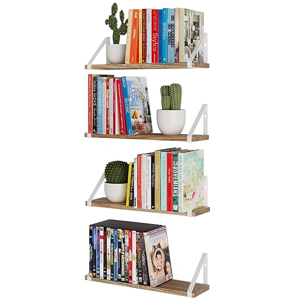 Wallniture Ponza - Estantes flotantes de madera para almacenamiento de pared para decoración de sala de estar, juego de 4 estantes de pared con soportes de estantes blancos, acabado quemado