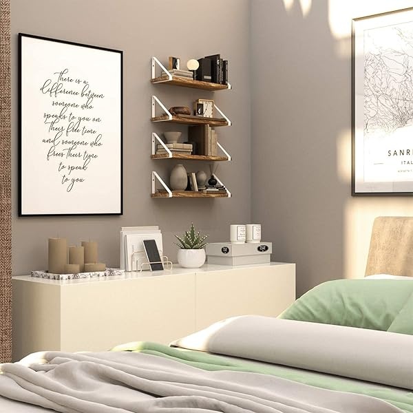 Wallniture Ponza - Estantes flotantes de madera para almacenamiento de pared para decoración de sala de estar, juego de 4 estantes de pared con soportes de estantes blancos, acabado quemado - Image 10
