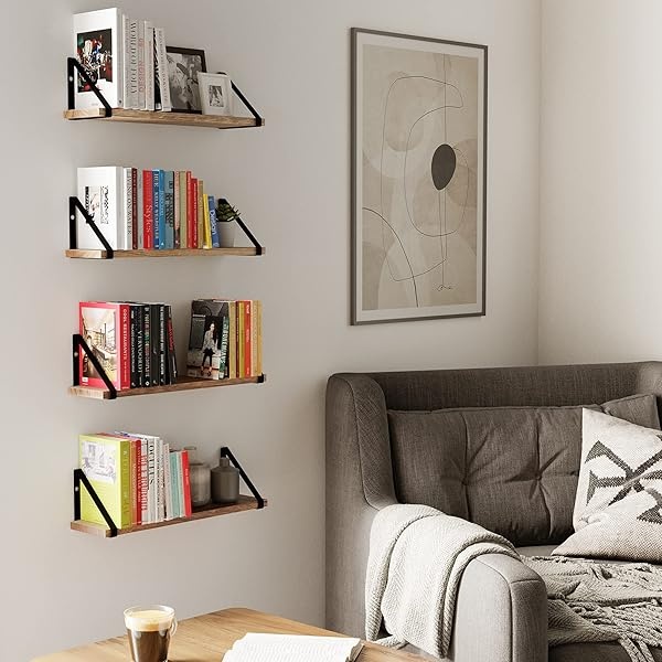 Wallniture Ponza - Juego de 4 estantes flotantes para montar en la pared, estantes de almacenamiento para cocina y despensa, madera rústica quemada natural, decoración de pared con soporte flotante de metal - Image 4