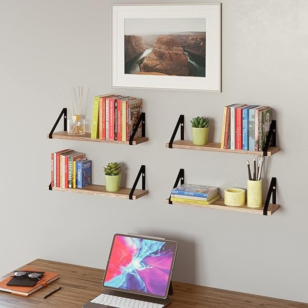 Wallniture Ponza - Juego de 4 estantes flotantes para montar en la pared, estantes de almacenamiento para cocina y despensa, madera rústica quemada natural, decoración de pared con soporte flotante de metal - Image 6